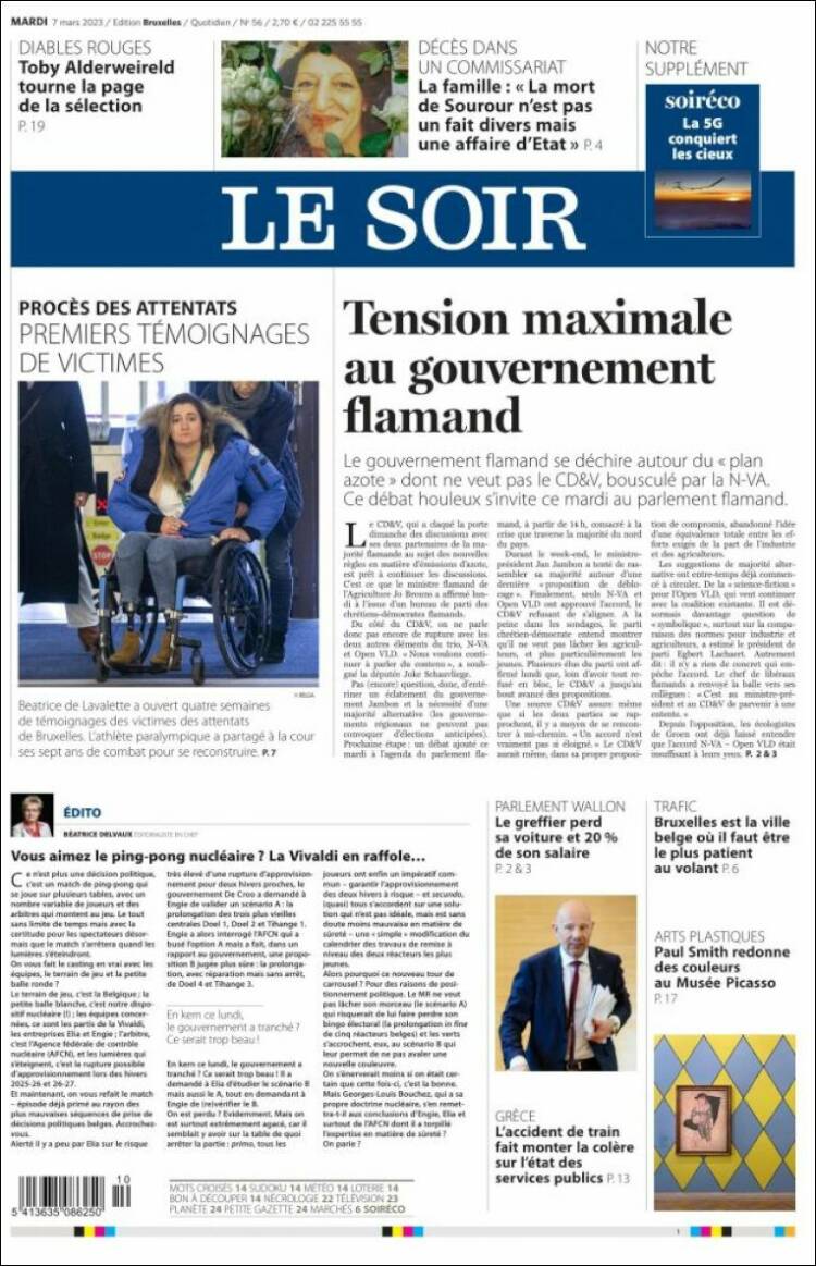 Portada de Le Soir (B&eacute;lgica)