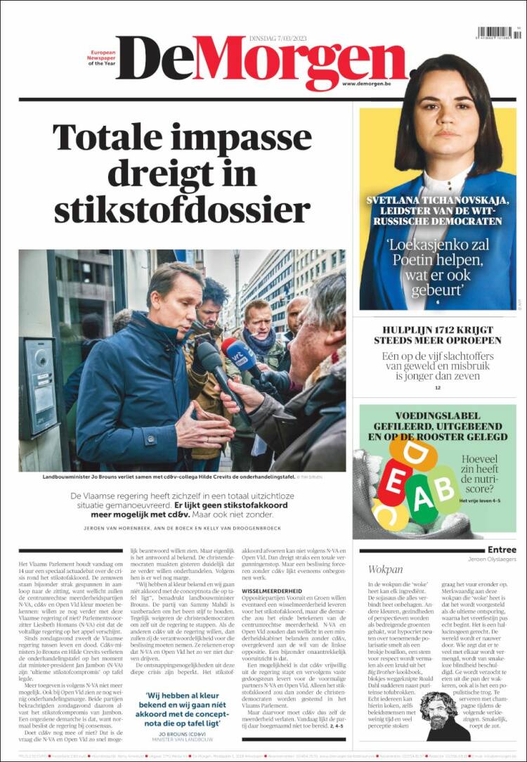 Portada de De Morgen (B&eacute;lgica)