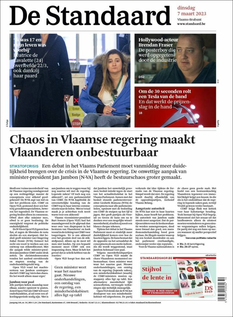 Portada de De Standaard (B&eacute;lgica)