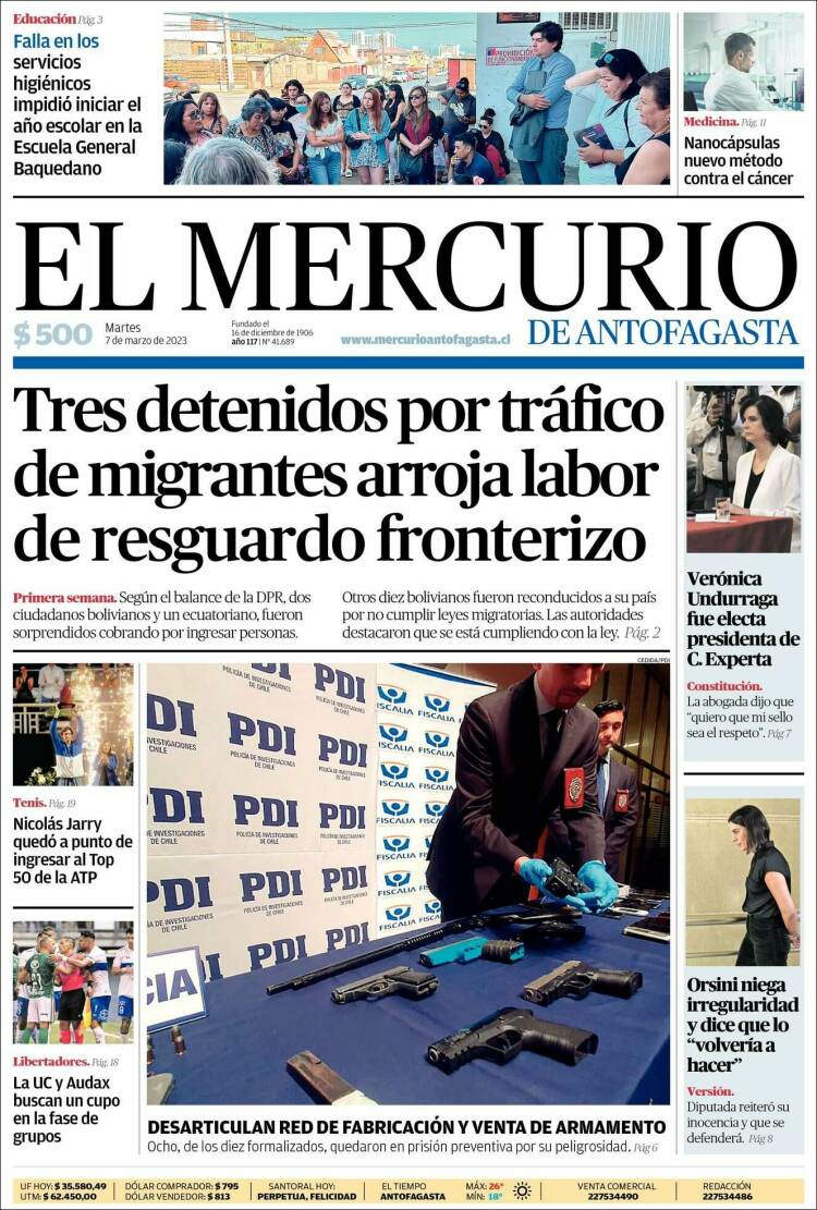 Portada de El Mercurio de Antofagasta (Chile)
