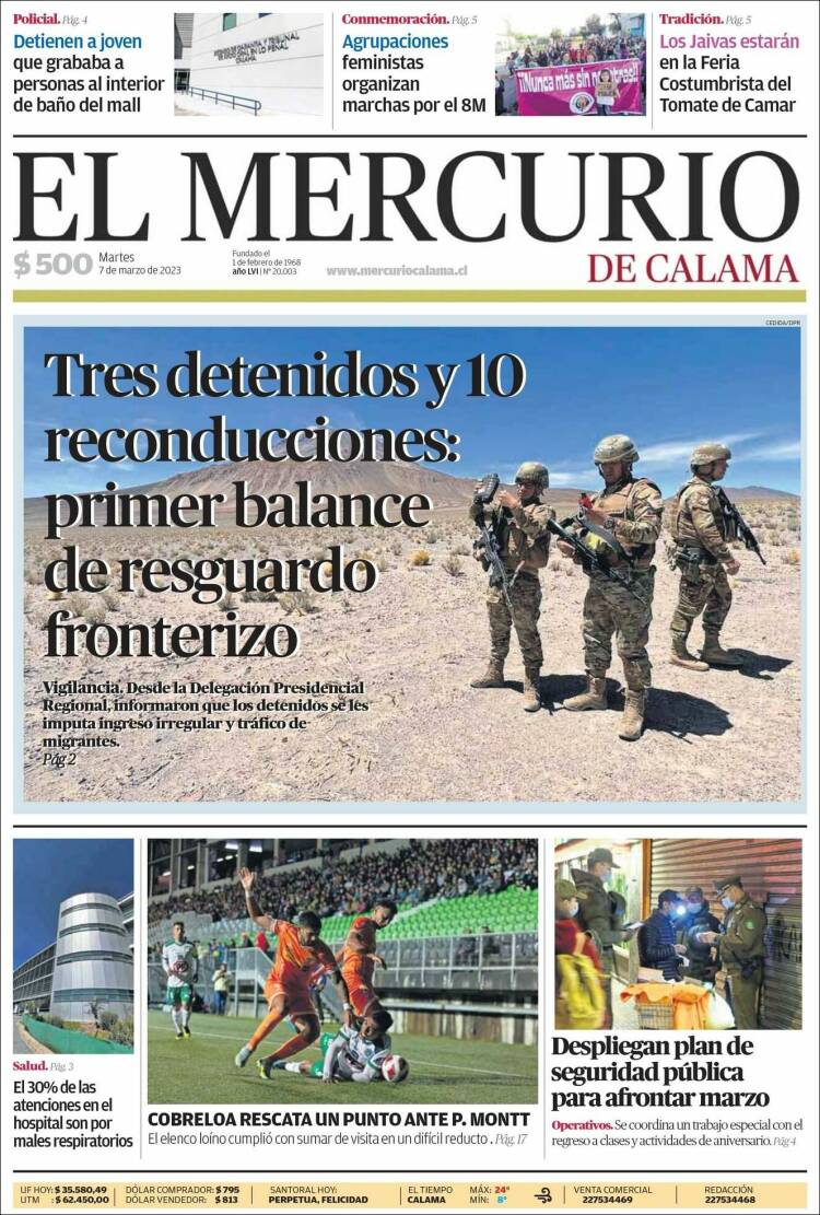 Portada de El Mercurio - Calama (Chile)