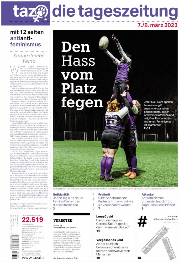 Portada de Die Tageszeitung (Alemania)