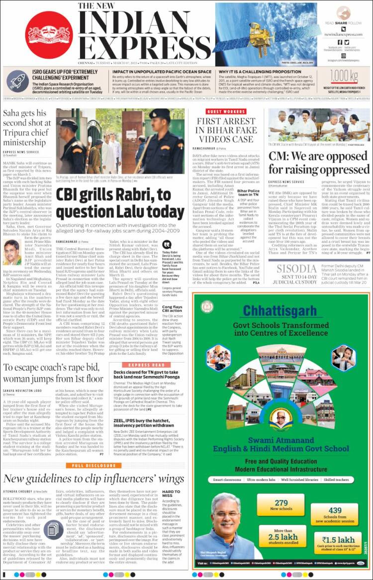 Portada de New Indian Express (India)
