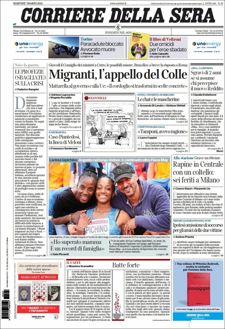 Portada de Corriere della Sera (Italia)