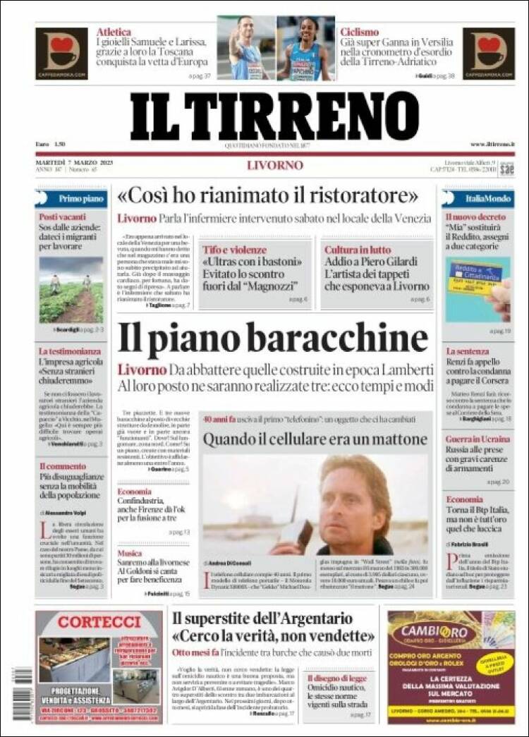 Portada de Il Tirreno (Italia)