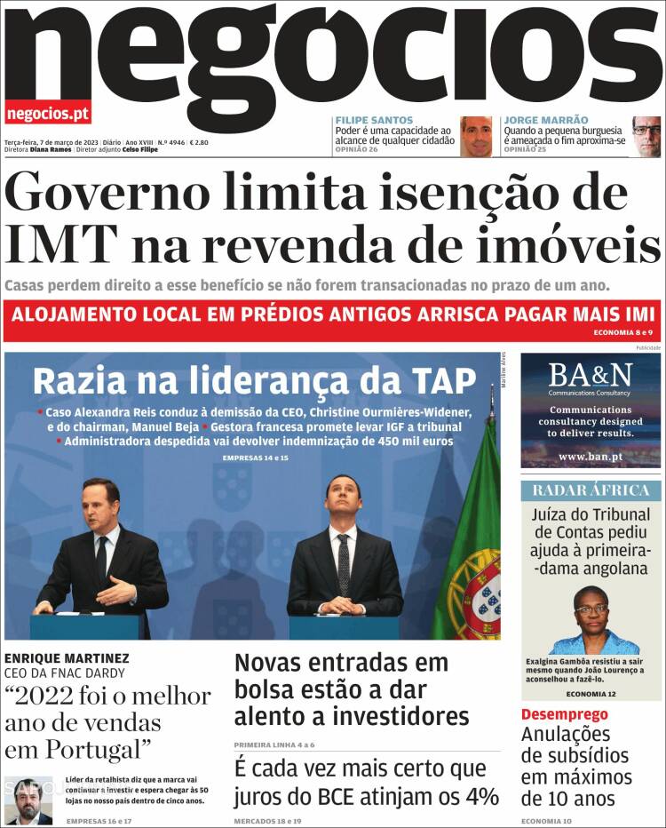 Portada de Jornal de Negócios (Portugal)