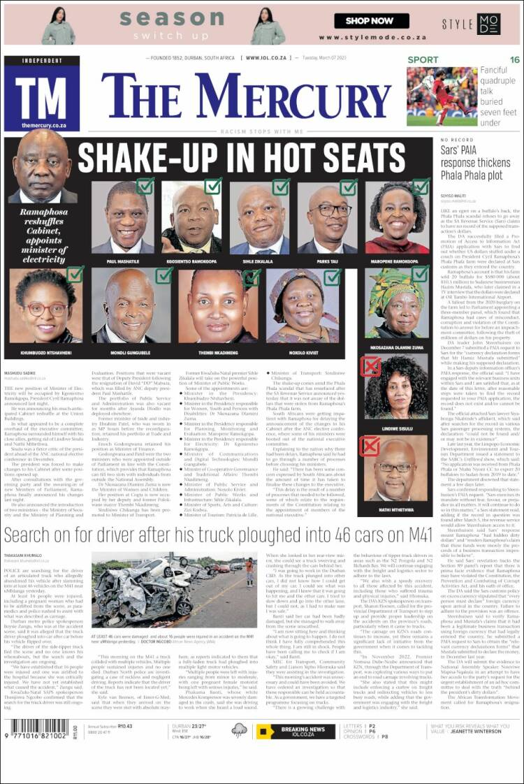 Portada de The Mercury (Sud&aacute;frica)