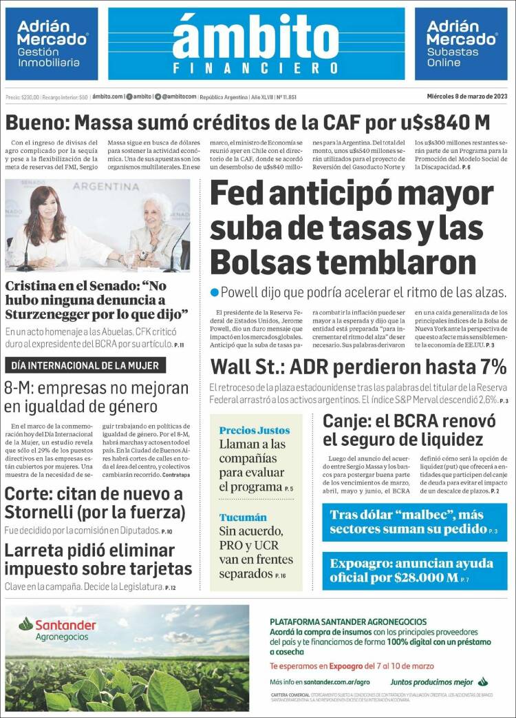Portada de Diario Ambito Financiero (Argentina)