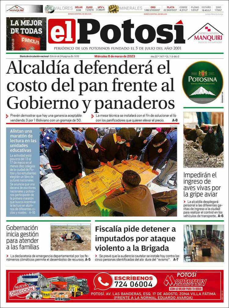 Portada de Diario de Potosí (Bolivia)