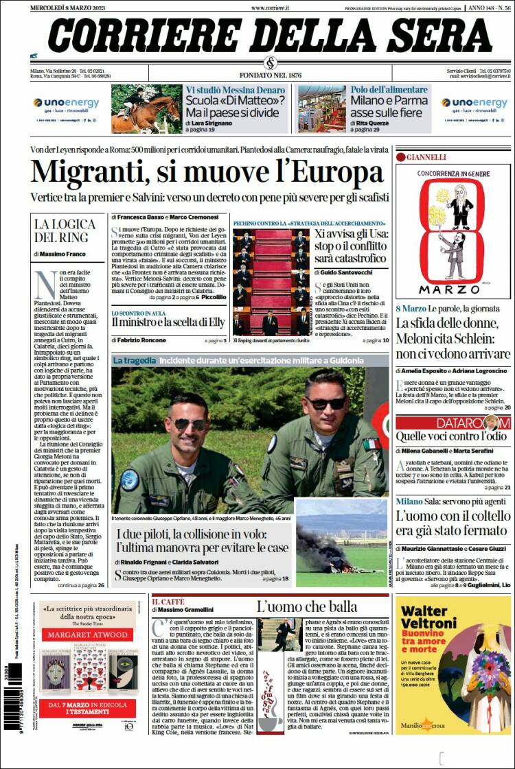 Portada de Corriere della Sera (Italia)
