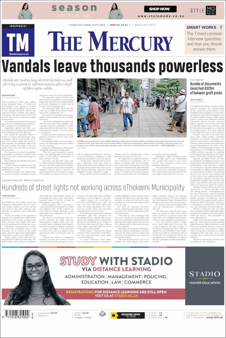 Portada de The Mercury (Sud&aacute;frica)