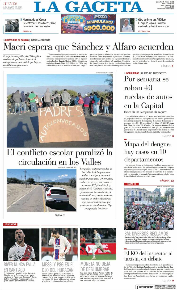 Portada de La Gaceta (Argentina)