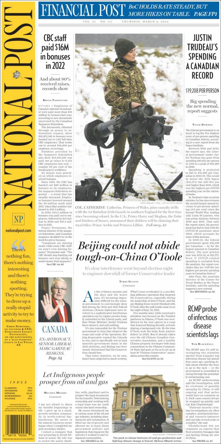 Portada de The National Post (Canada)