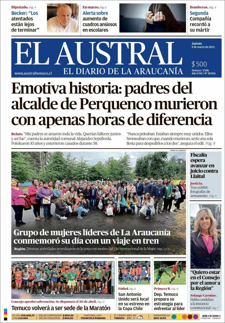 Portada de El Austral de Temuco (Chile)