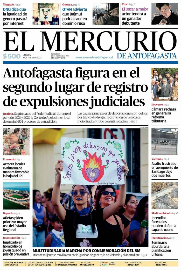 Portada de El Mercurio de Antofagasta (Chile)