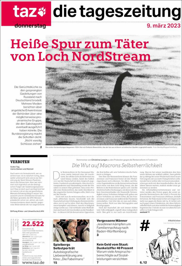 Portada de Die Tageszeitung (Alemania)