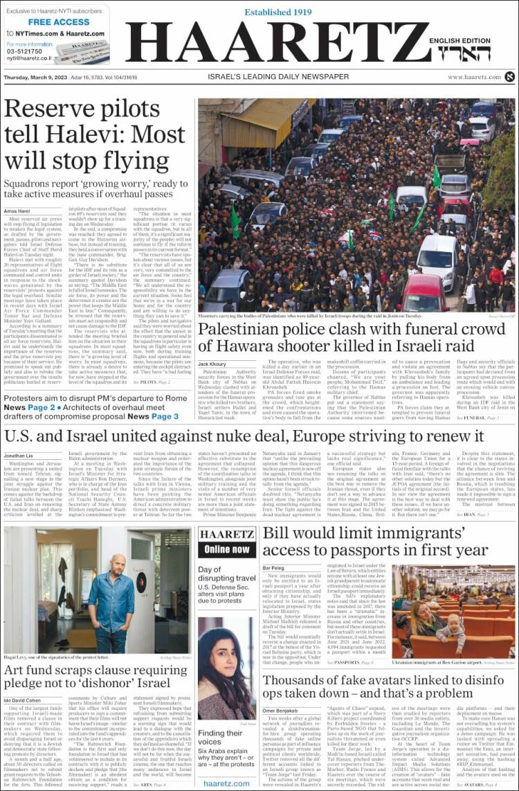 Portada de Haaretz (Israel)