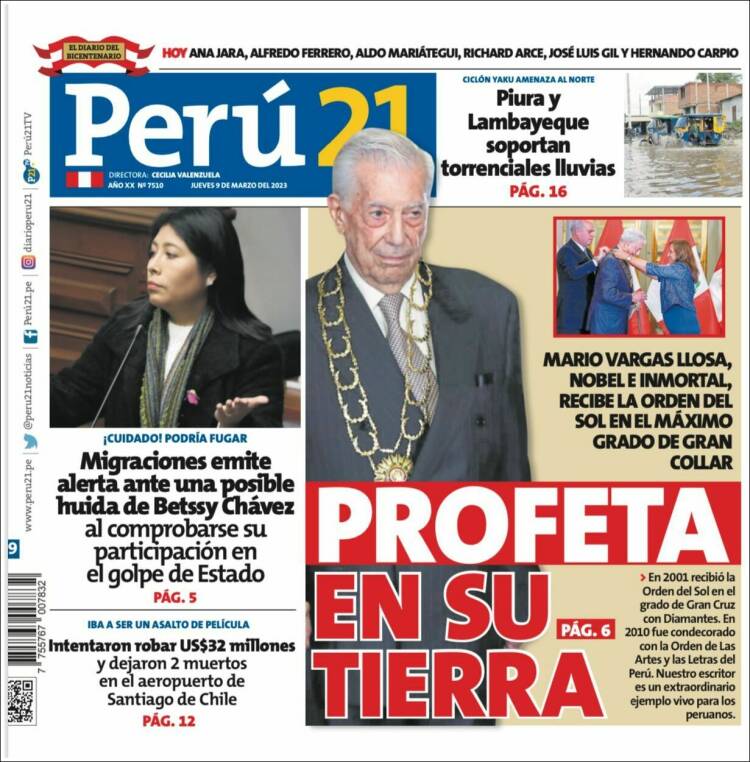 Portada de Perú 21 (Perú)