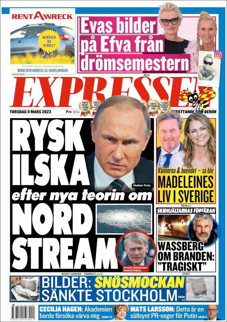 Newspaper Expressen (Sweden). Newspapers in Sweden. Thursday's edition,  March 9 of 2023. 
