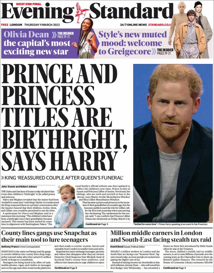 Portada de Evening Standard (Reino Unido)