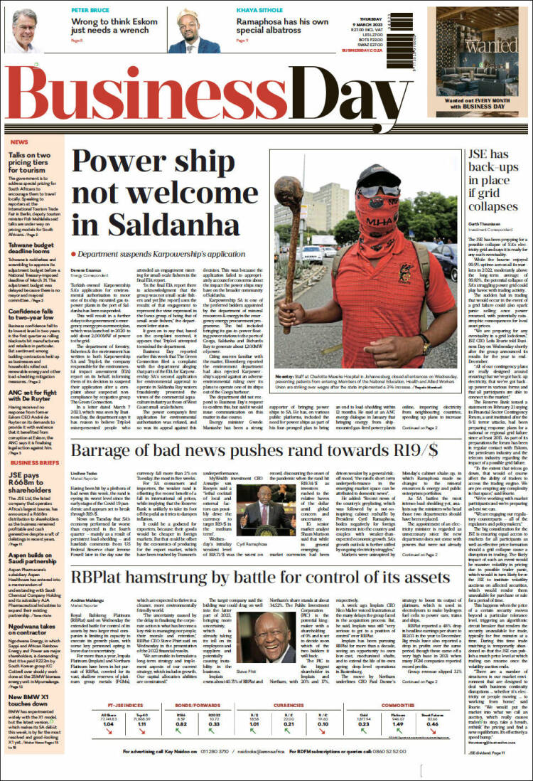 Portada de Business Day (Sud&aacute;frica)