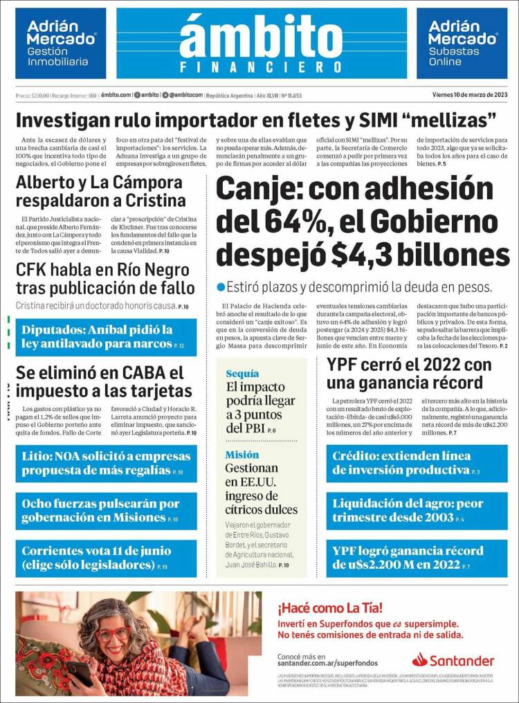 Portada de Diario Ambito Financiero (Argentina)