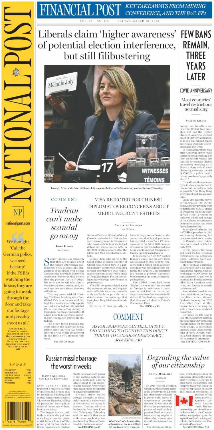 Portada de The National Post (Canadá)