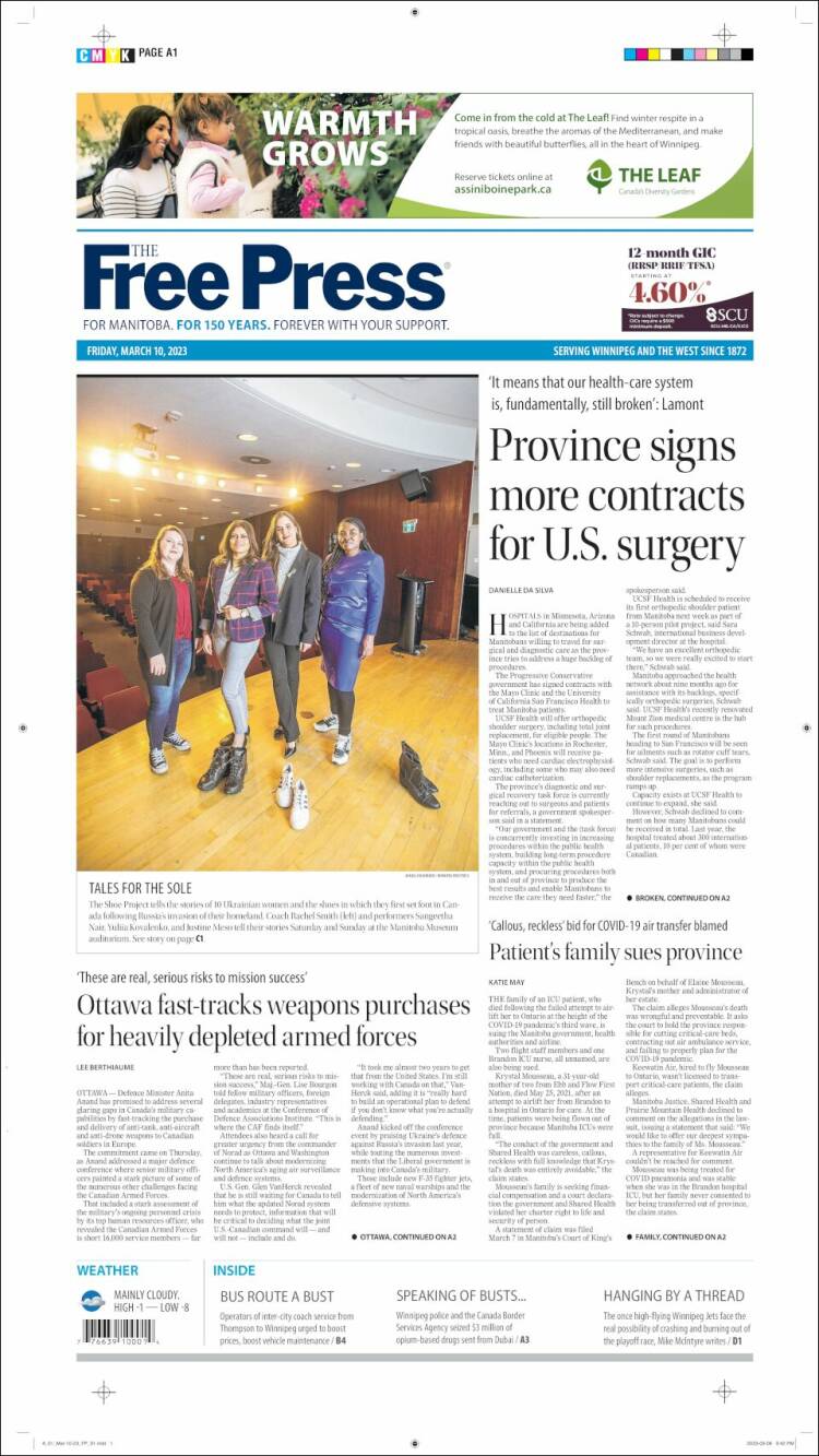 Portada de Winnipeg Free Press (Canadá)