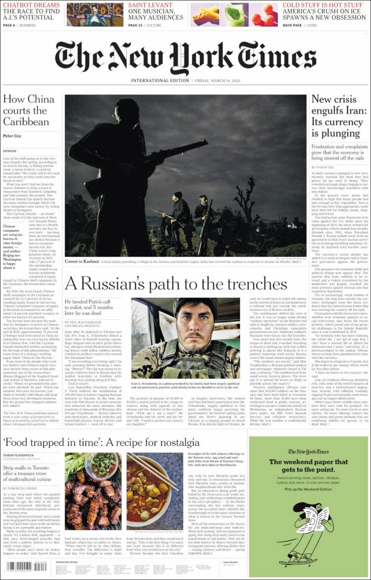Portada de International New York Times (Europa)