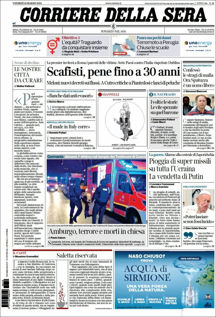 Portada de Corriere della Sera (Italia)