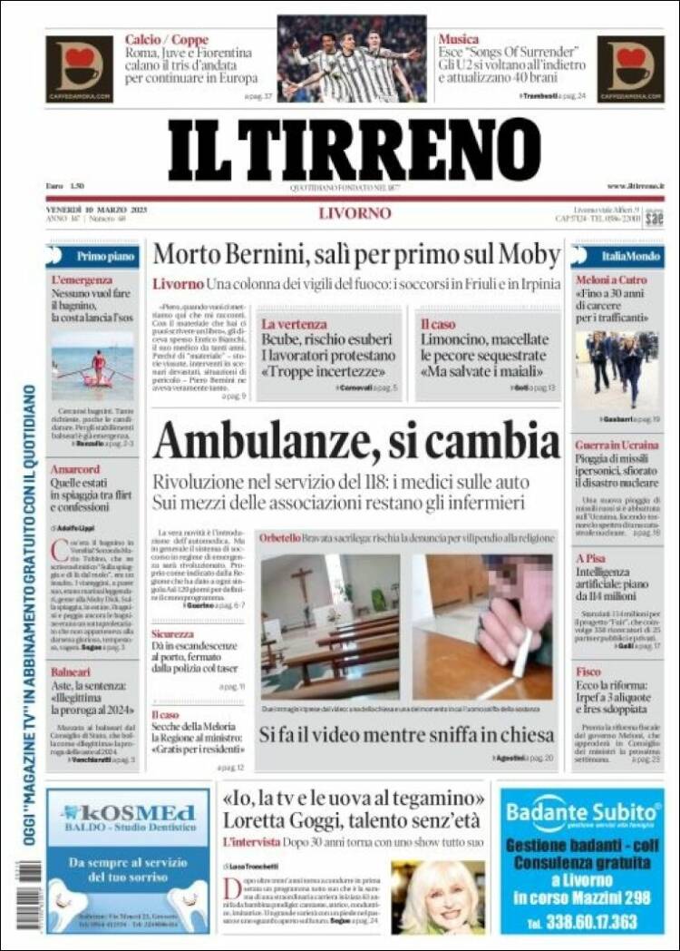 Portada de Il Tirreno (Italia)