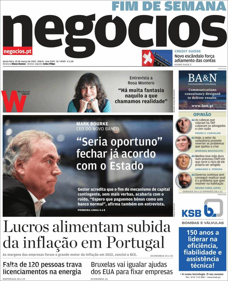 Portada de Jornal de Negócios (Portugal)