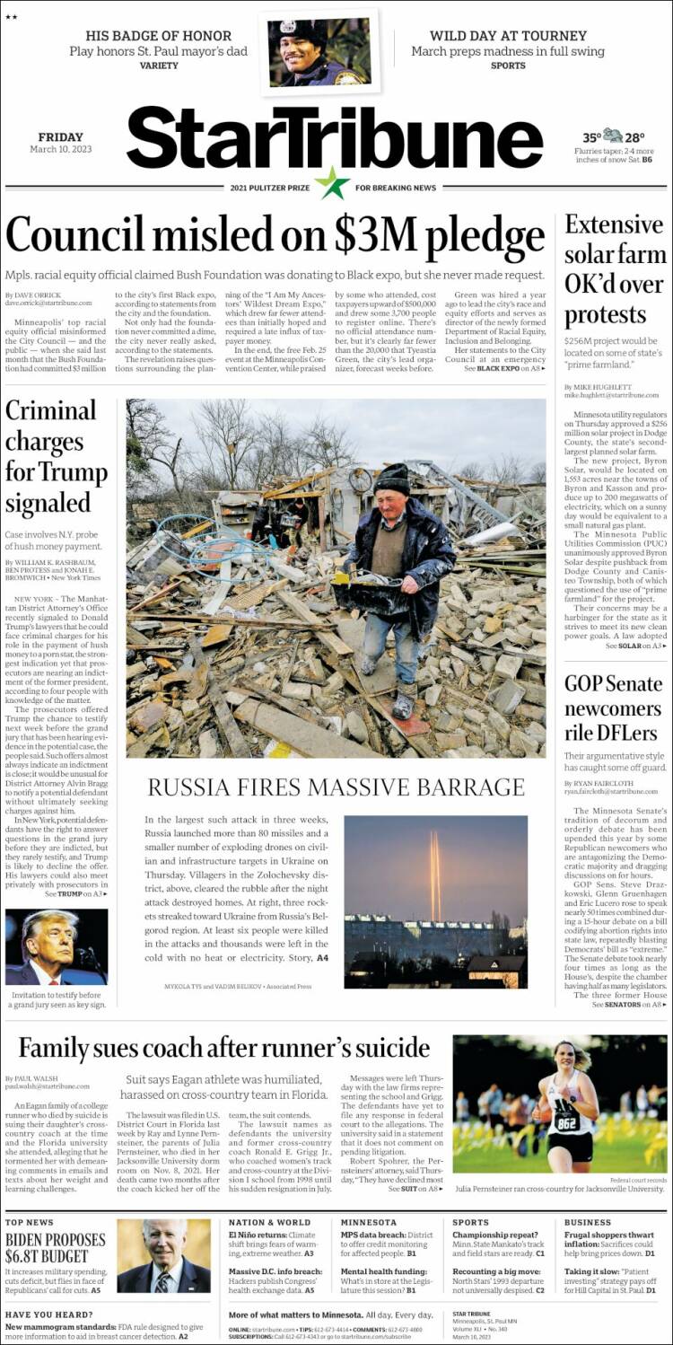 Portada de Star Tribune (USA)