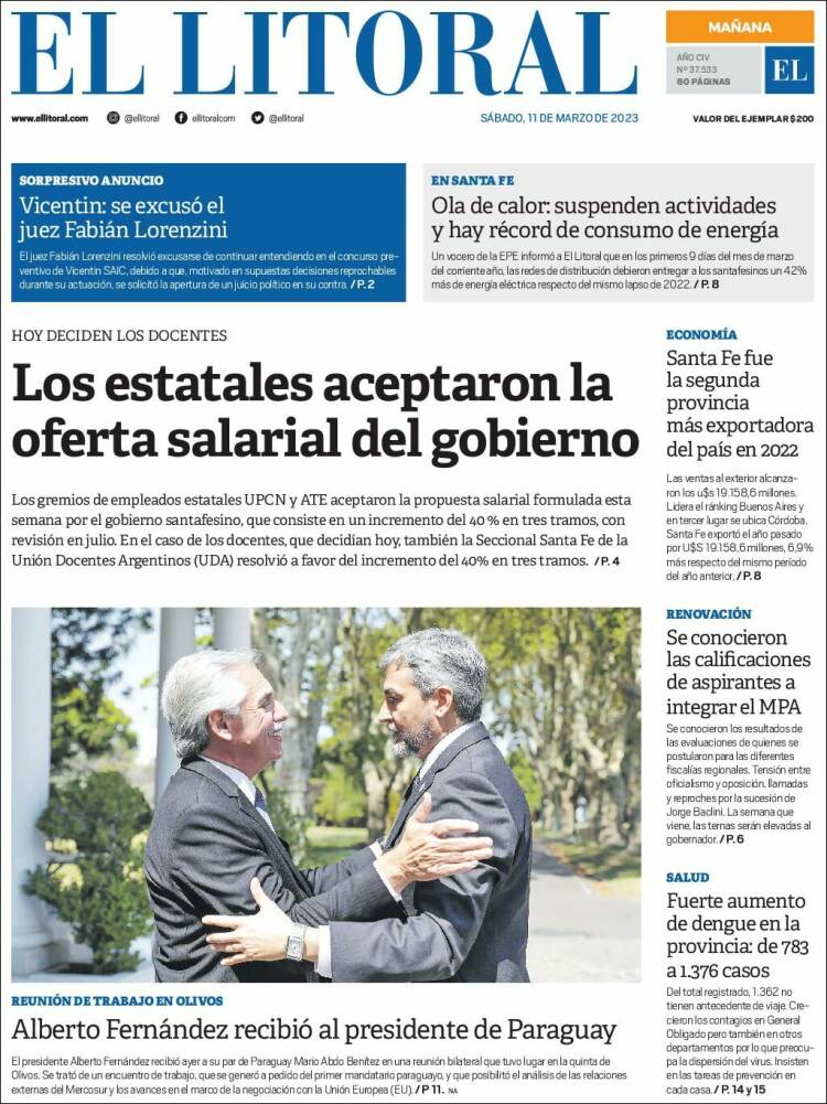 Portada de Diario El Litoral (Argentina)