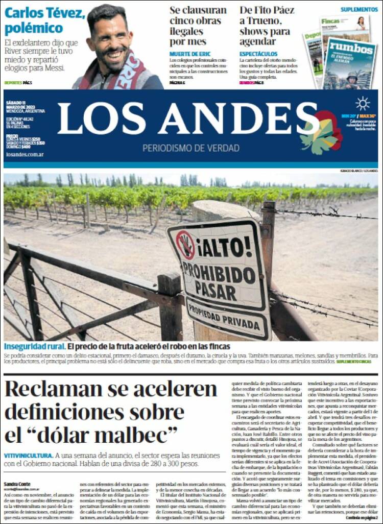 Portada de Los Andes - Mendoza (Argentina)