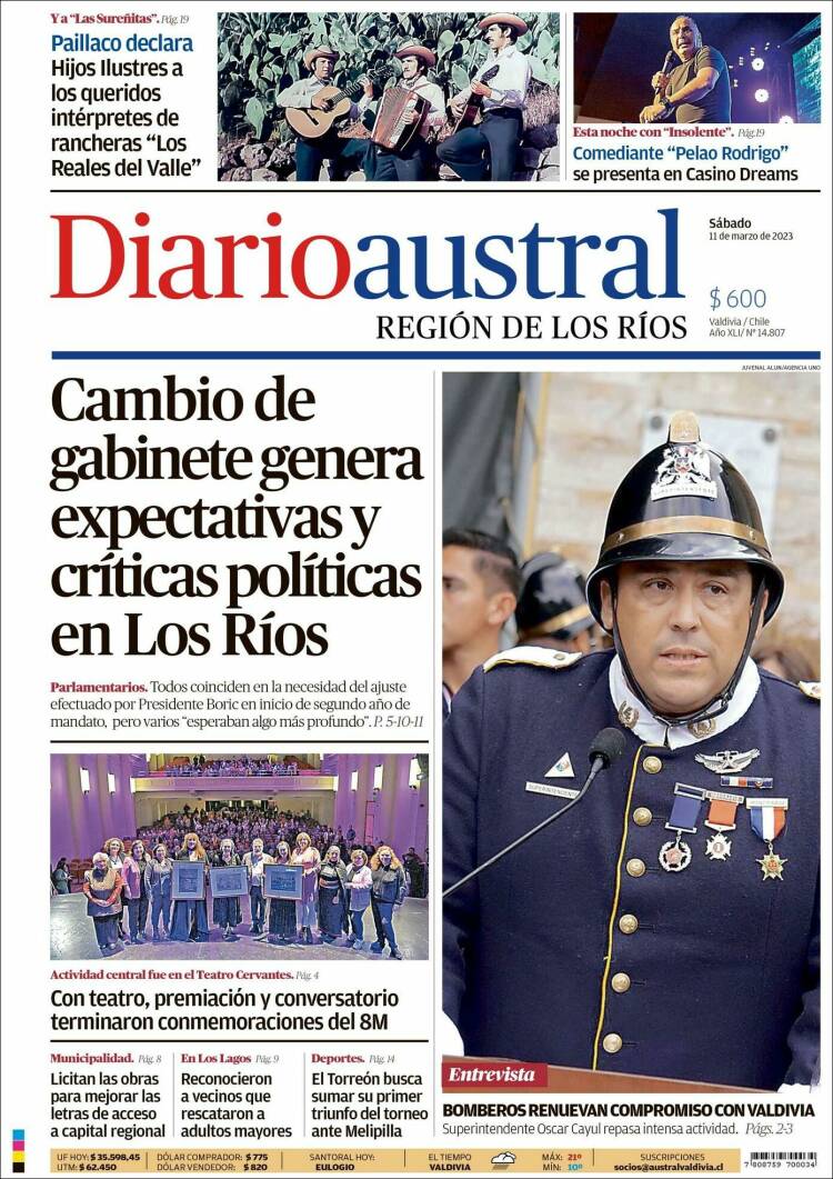 Portada de El Diario Austral de Valdivia (Chile)