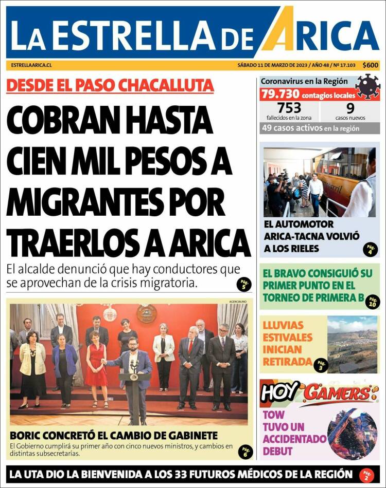 Portada de La Estrella de Arica (Chile)
