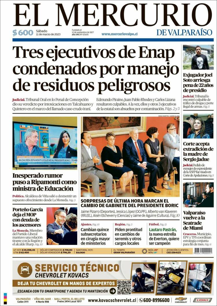 Portada de Mercurio de Valparaiso (Chile)