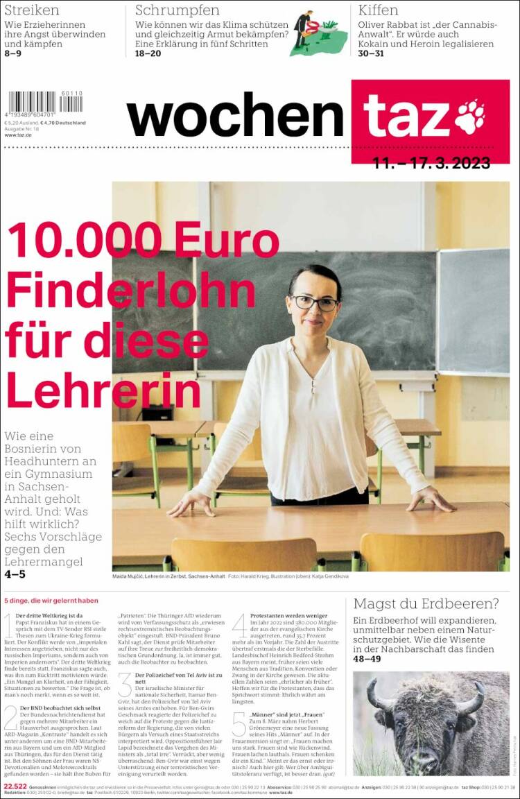 Portada de Die Tageszeitung (Alemania)