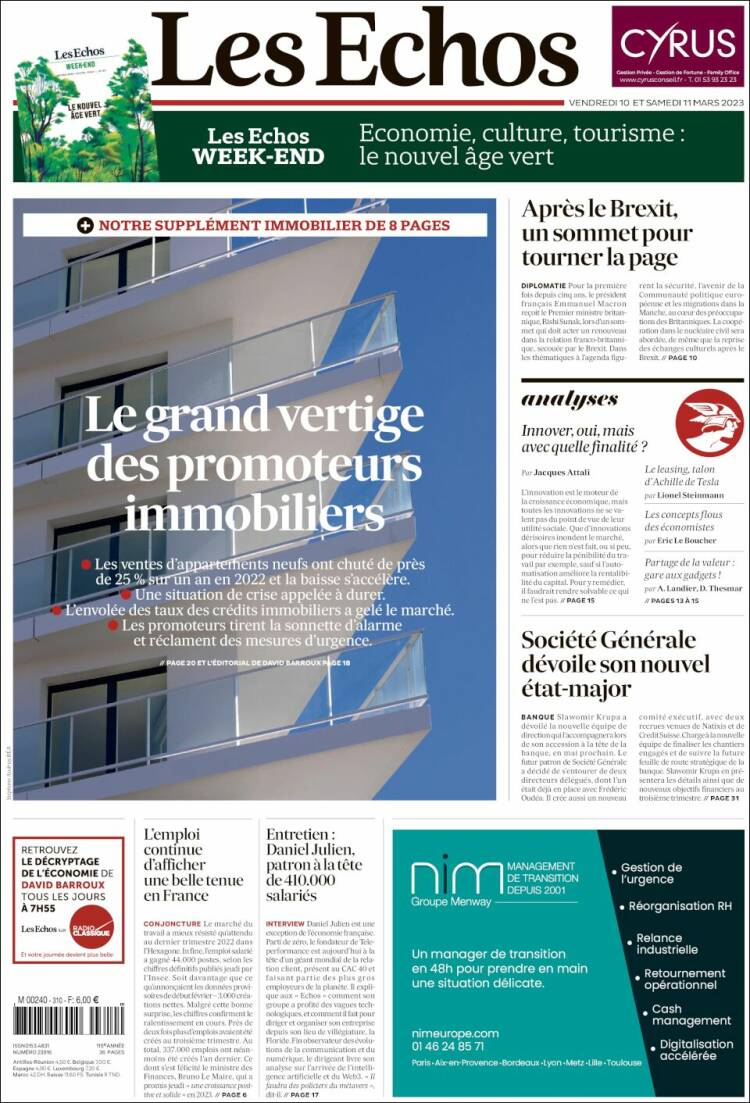 Portada de Les Echos (Francia)