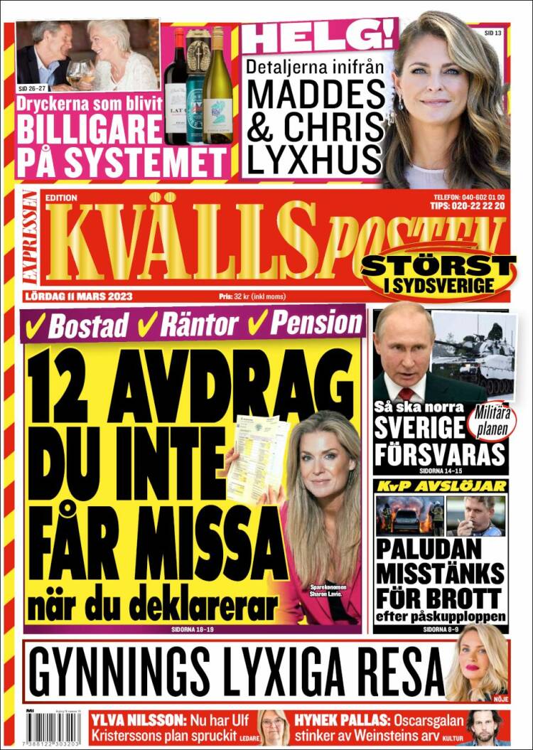 Portada de Kvällsposten (Suecia)