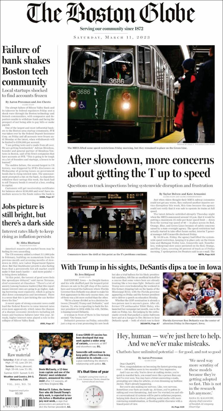 Portada de Boston Globe (USA)