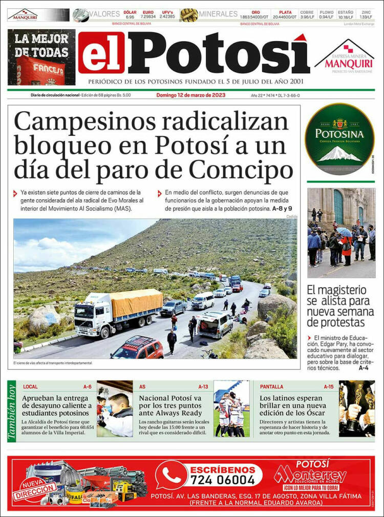 Portada de Diario de Potosí (Bolivia)