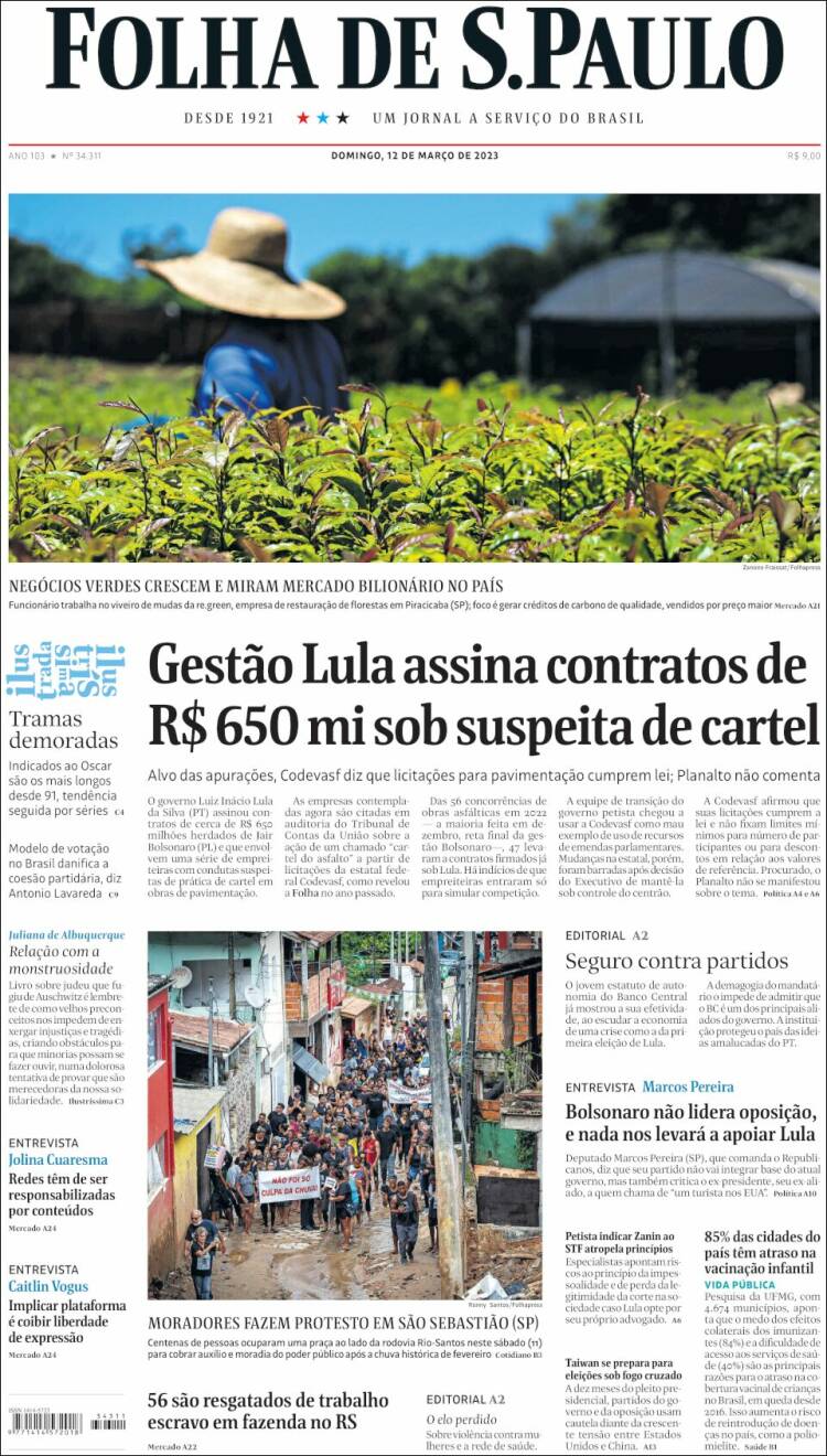 Portada de Folha de São Paulo (Brasil)
