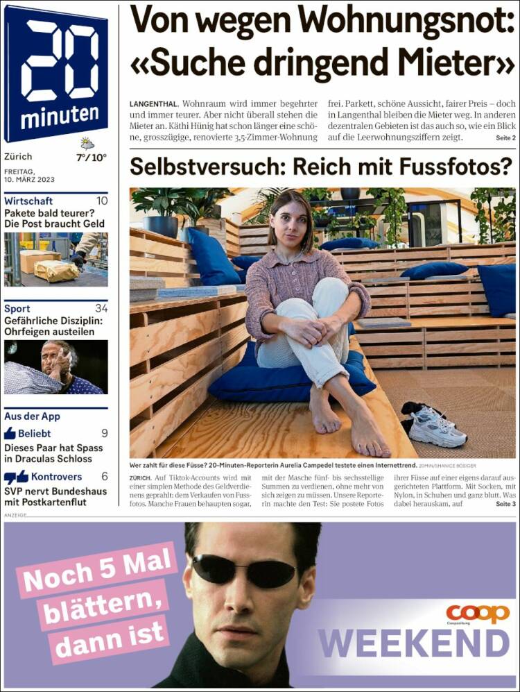 Portada de 20Minuten - Zürich (Suiza)