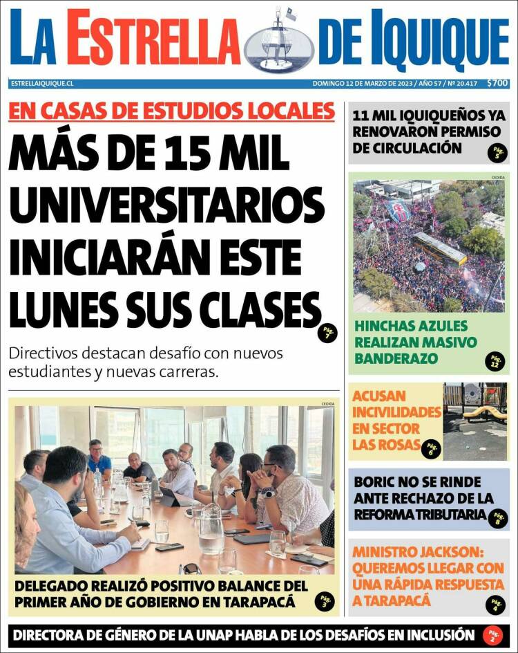 Portada de La Estrella de Iquique (Chile)