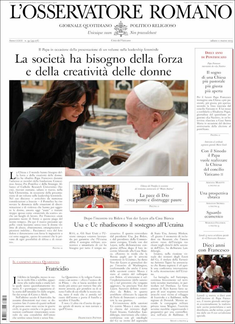 Portada de L'Osservatore Romano (Italia)