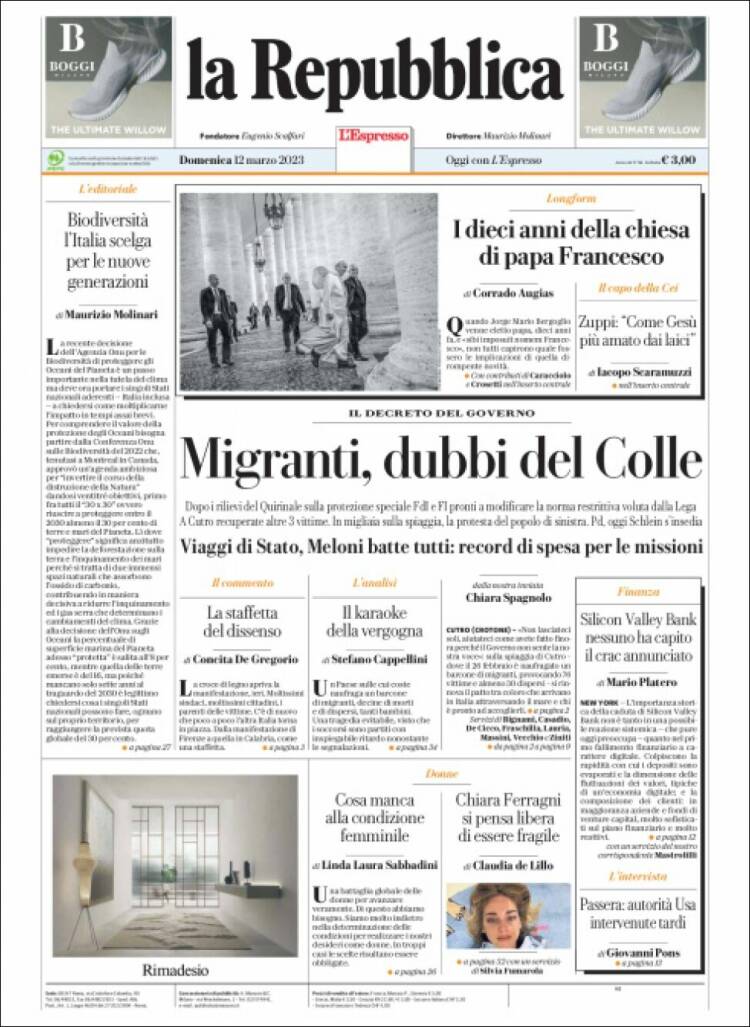 Portada de La Repubblica (Italia)