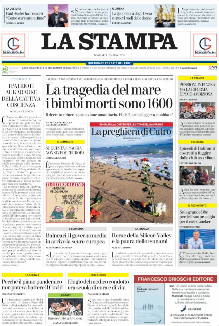 Portada de La Stampa (Italia)
