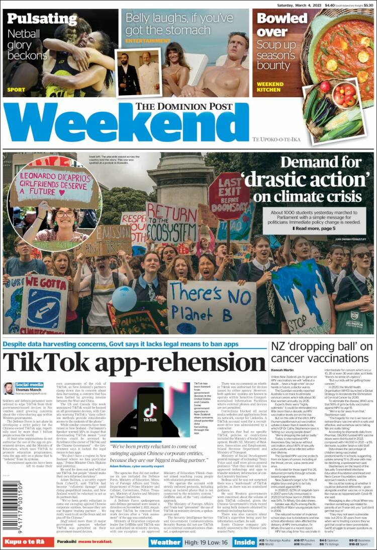 Portada de The Dominion Post (Nueva Zelanda)
